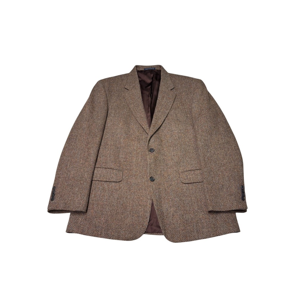Lands End Harris Tweed Blazer‎ Mens 44 Reg Brown Herringbone Wool Sport Coat